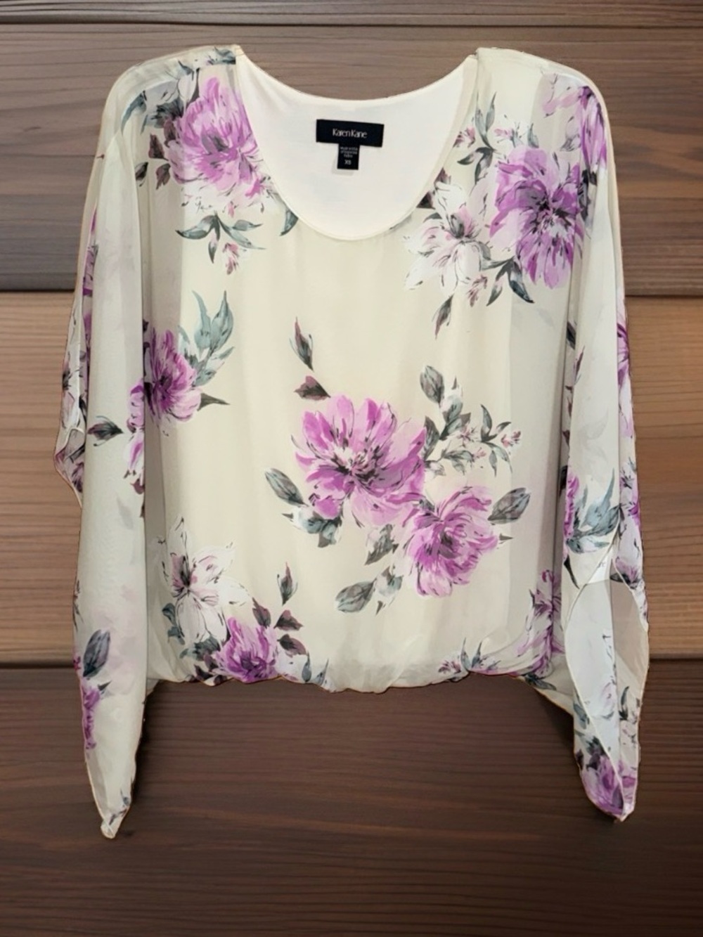 NWT Karen Kane Berry Blue & Cream Blouson Scarf Top w/Floral Print-XS